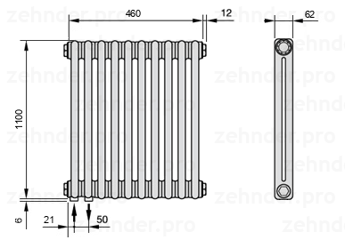 Схема (чертеж) Радиатор Zehnder Charleston 2110/10 №3370 Белый глянцевый RAL 9016